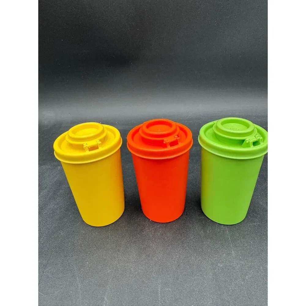 Vtg Tupperware Spice Shakers #102 w Flip Top Lids NOS Orange Yellow Green Set/3